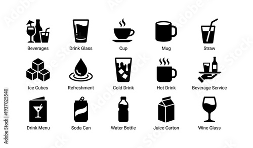 Beverage icons set including drink glass, mug, straw, and juice carton