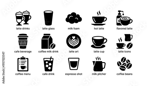 Coffee icon set featuring drinks, cups, and latte art