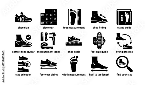 Footwear sizing icons collection with measurement tools and shoe guides