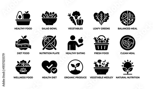 Healthy food icons set: vegetables, nutrition, organic produce, balanced meal, wellness