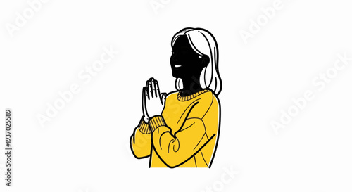 A stylized drawing of a person with hands pressed together in a gesture of prayer