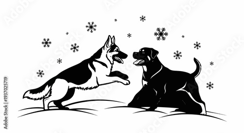 Two dogs playing in the snow with snowflakes falling
