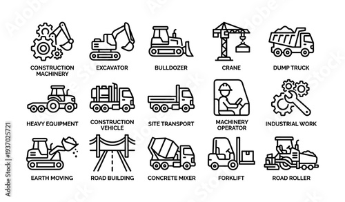 Set of construction machinery and equipment icons: excavator, bulldozer, crane, dump truck