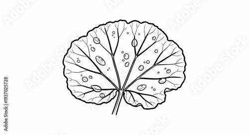Detailed illustration of a large, rounded leaf with water droplets