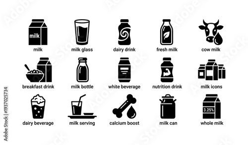 Icon set of milk containers and dairy products in black and white