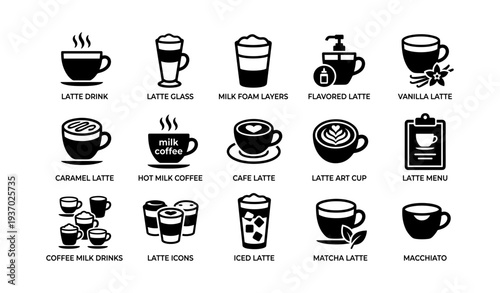 Variety of latte icons featuring different coffee styles and cups