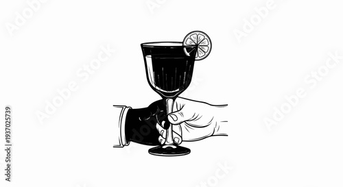 Two hands clinking a dark beverage in a coupe glass