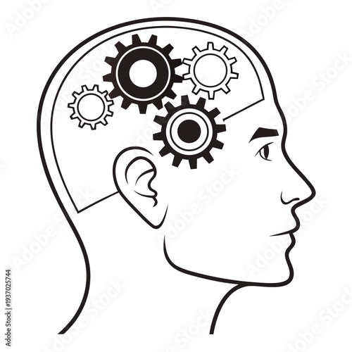 A black-and-white illustration of a human head in profile, with the brain area depicted as interlocking gears. It symbolizes the mind working like a machine, representing thought, intelligence.