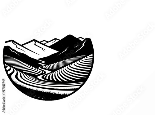 Stylized circular graphic of terraced hillsides descending towards a winding river and distant mountains