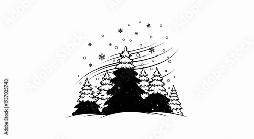 Stylized winter scene with snow falling on pine trees under windy sky