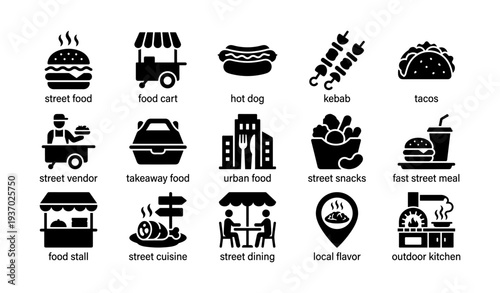 Street food icons set featuring hot dog, kebab, tacos, and more