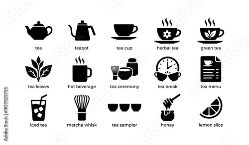 Tea icons: teapot, cup, herbal, green, leaves, ceremony, iced, lemon