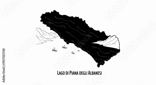 Stylized map showing a dark body of water with boats and mountains