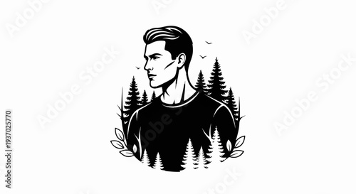 Stylized portrait of a man surrounded by evergreen trees and foliage