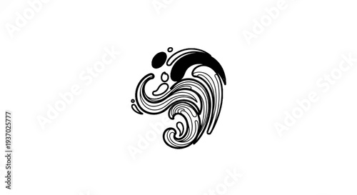 Stylized black ink graphic depicts swirling water with drops