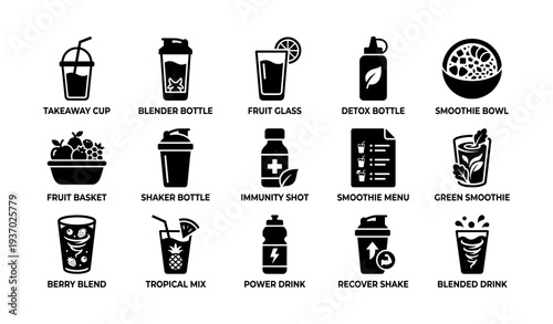 Variety of beverage icons including cups, bottles, and glasses