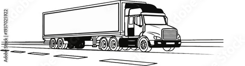 A black and white drawing of a semi-truck driving on a road
