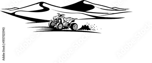 A black and white illustration of an all-terrain vehicle riding through a desert landscape