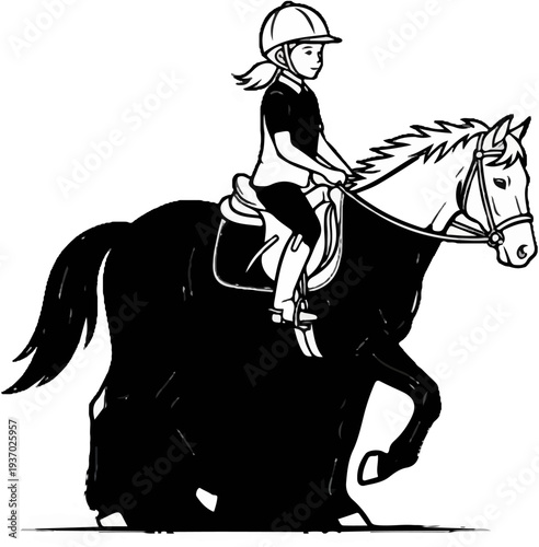 A child in riding gear on a dark horse, with mane flowing
