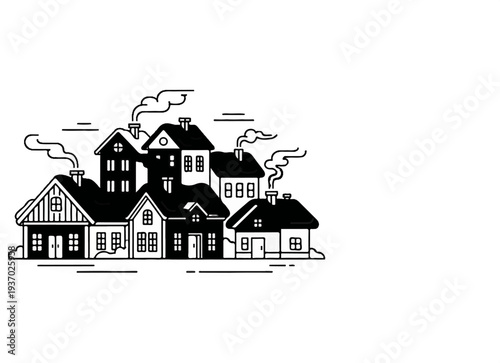Stylized black and white houses with smoke coming from chimneys
