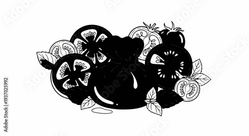 Sliced and whole tomatoes with basil leaves in black and white art