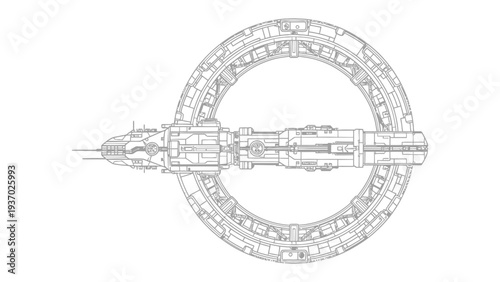 Futuristic Space Station: A detailed line drawing of a futuristic space station, showcasing its intricate design and advanced technology.