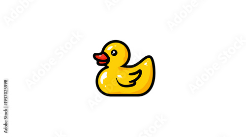 A cartoon-style illustration of a cute yellow duck with a red beak and black outline
