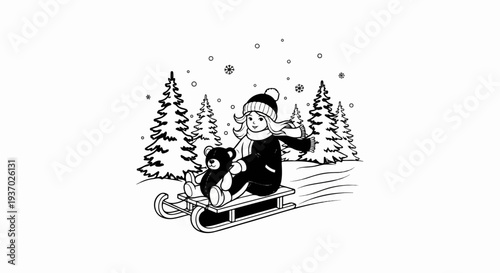 A child with a teddy bear sledding through snowy woods