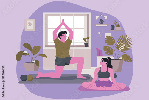 Couple practicing yoga and mindfulness together in a brightly lit room