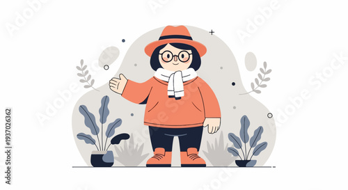 Cartoonish figure in orange hat and scarf with plants and abstract shapes
