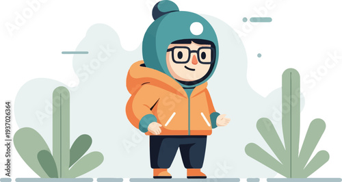 Cheerful character in winter attire with eyeglasses, stands amidst stylized plants