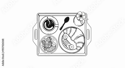 A black and white illustration of a tray holding breakfast coffee, fruit, croissant, and a flower