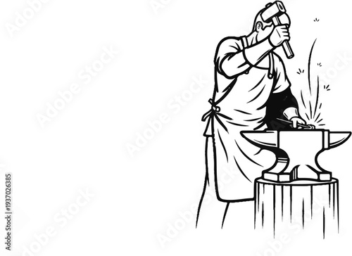 A blacksmith works at an anvil, striking hot metal with a hammer