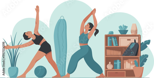 Two women practicing yoga indoors surrounded by plants and home decor