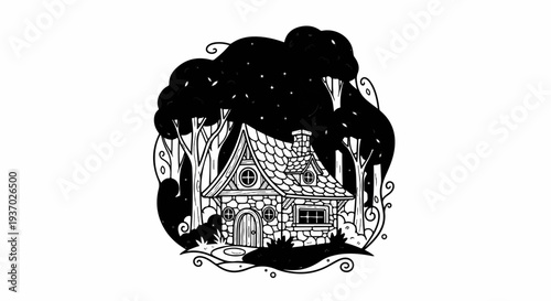 Whimsical stone cottage nestled among dark, stylized trees under a starry sky