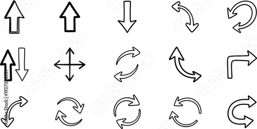 A collection of 15 various black and white arrow icons on a white background for navigation and direction