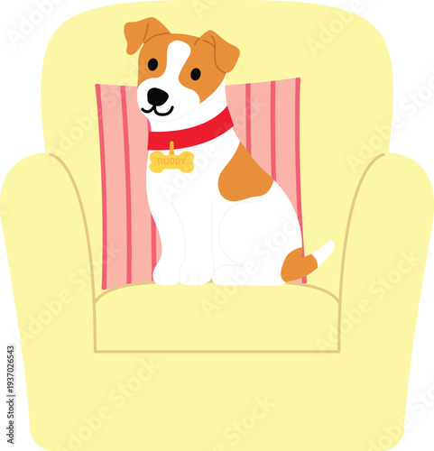 A Jack russell dog sitting on an armchair with pillow cartoon illustration