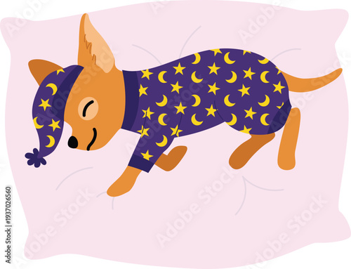 Chihuahua in star pajamas sleeping on pillow cartoon