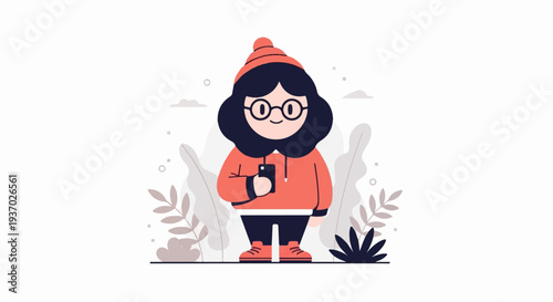 A stylized person in warm attire holds a phone amidst abstract foliage