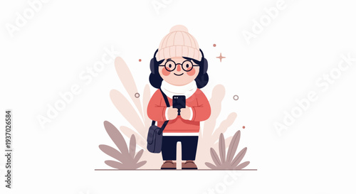 Cute character wearing warm clothing, headphones and holding a phone, surrounded by abstract shapes