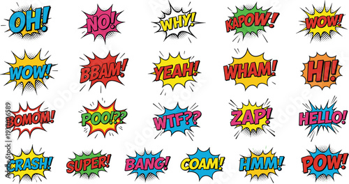 Colorful pop art comic book speech bubbles set with expressive onomatopoeia words and explosive sound effects isolated on white.