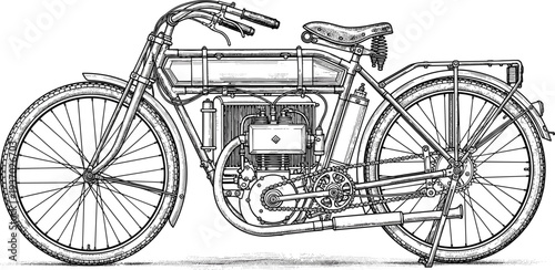 Detailed black and white vector illustration of vintage motorcycle, rigid frame, spoked wheels, leather saddle, antique motorbike design, historic engineering, classic transportation artwork