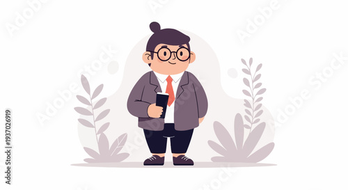 Cartoon businessman in a suit with a bun, holding a book, surrounded by abstract plants