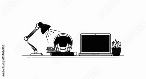 Study desk with lamp, books, headphones, laptop, and plant
