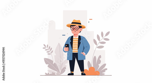 Young person in a hat, glasses, and casual clothing, holding a smartphone