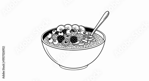 A line drawing of a bowl of porridge topped with berries, fruit slices, and a spoon