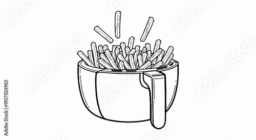 Air fryer basket overflowing with hot French fries, some floating