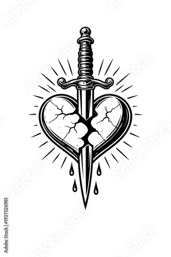 Striking Black & White Traditional Tattoo Design: Dagger Piercing a Cracked Heart with Radiant Rays and Dripping Tears - An Iconic Symbol of Heartbreak, Betrayal, and Resilience in Vintage Art Style,