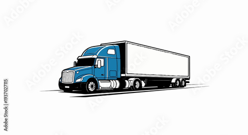 Blue semi-trailer truck illustration with white cargo box on white