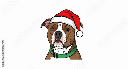 Cartoon pit bull wearing a festive Santa hat and green collar